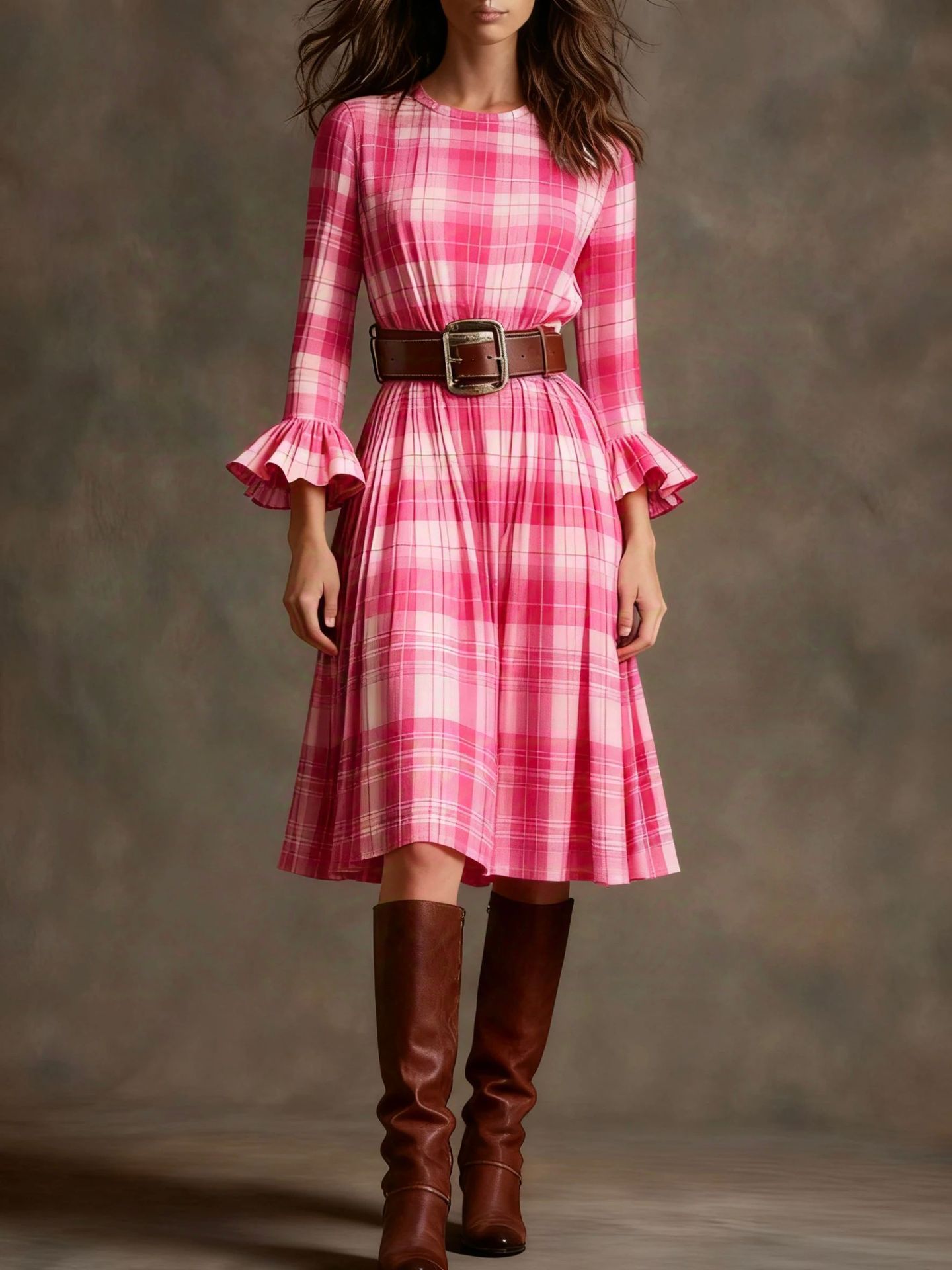 Retro Plaid Slimming Dress With Flared Sleeves For Women