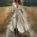 Retro Western-style Long-sleeve Casual Maxi Cotton-linen Dress