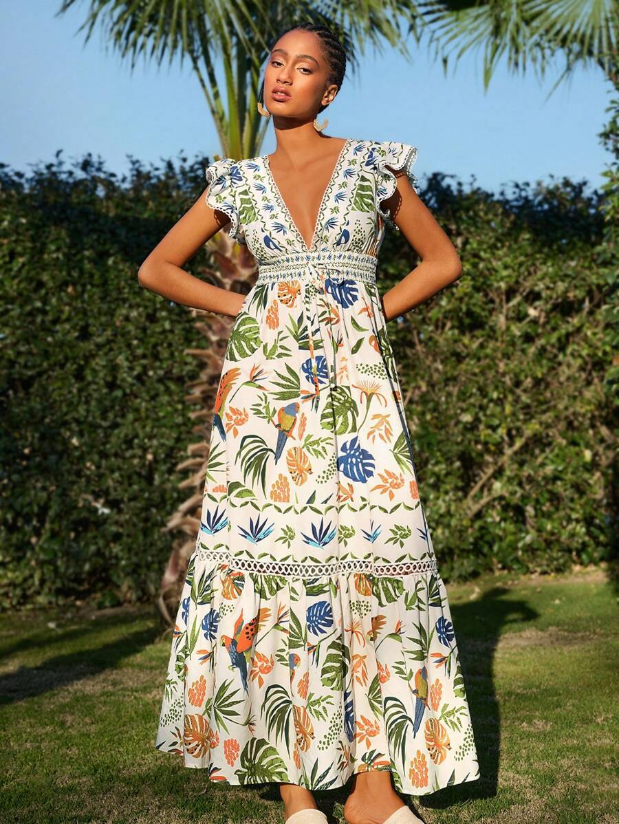 Ladies Summer Holiday Dress With Ruffle-Trimmed Sleeves For A Casual Look