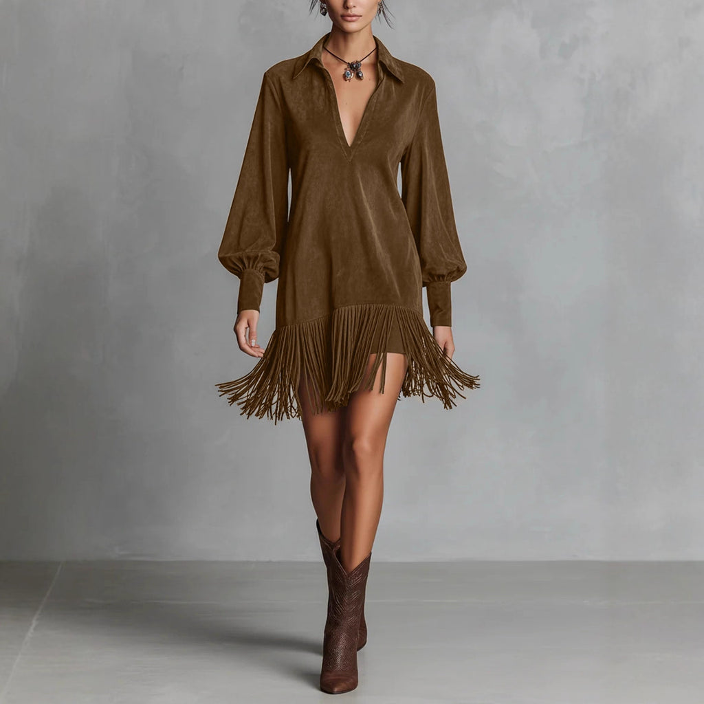 Denim Faux Suede Flared Hem Fringed Slim-fit Long-sleeve V-neck Dress