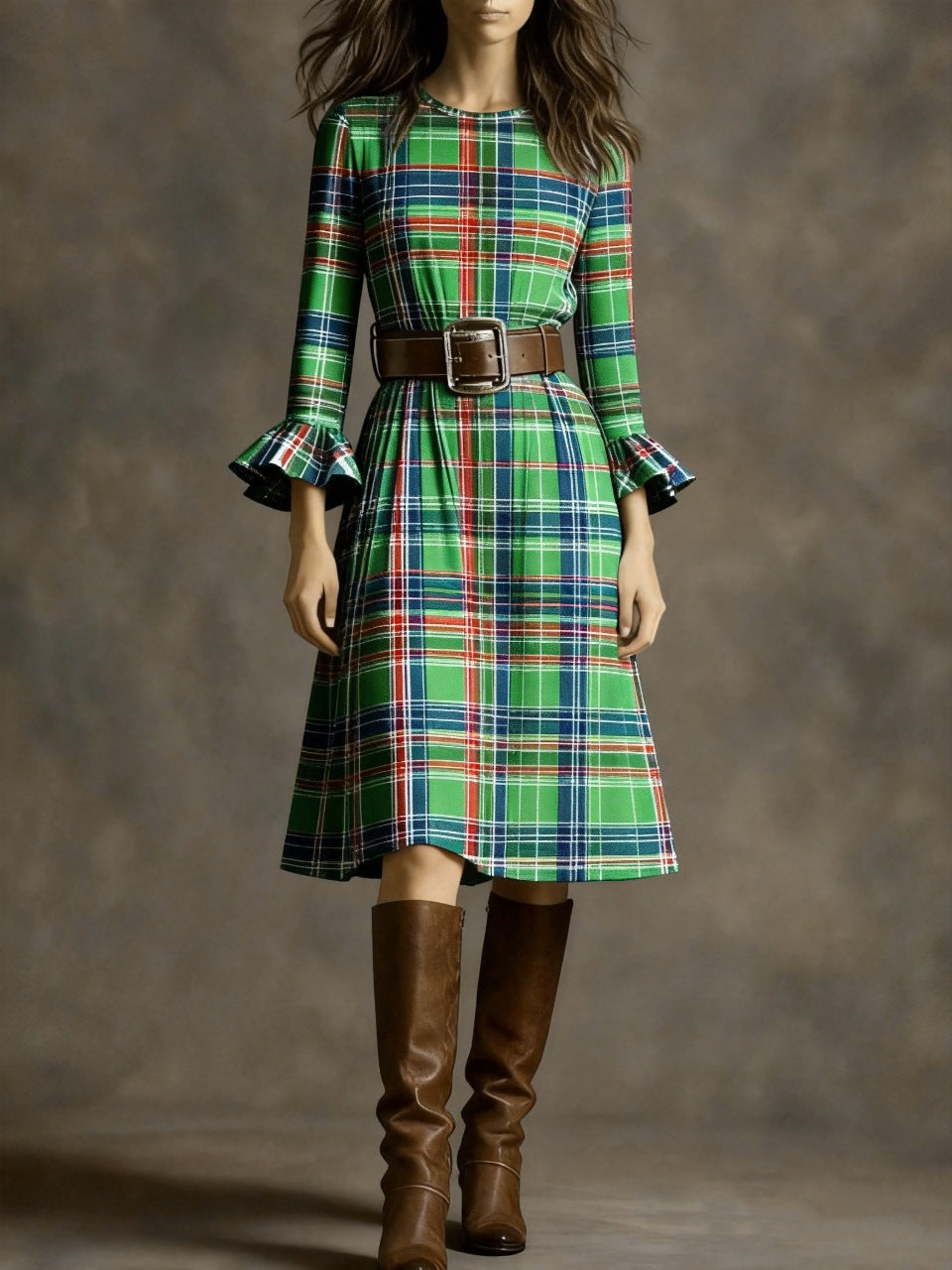 Retro Plaid Slimming Dress With Flared Sleeves For Women