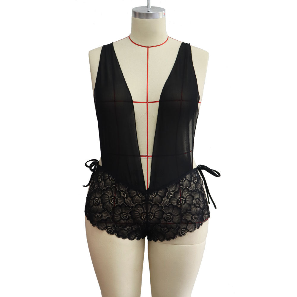 Plus Size Sexy Lingerie Women Lace See-Through Sexy One-Piece Tights Nightdress