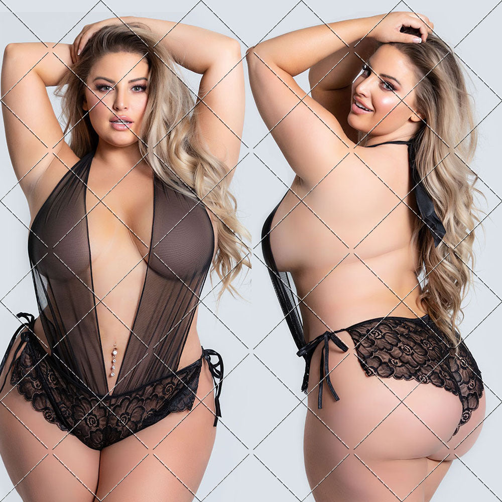 Plus Size Sexy Lingerie Women Lace See-Through Sexy One-Piece Tights Nightdress
