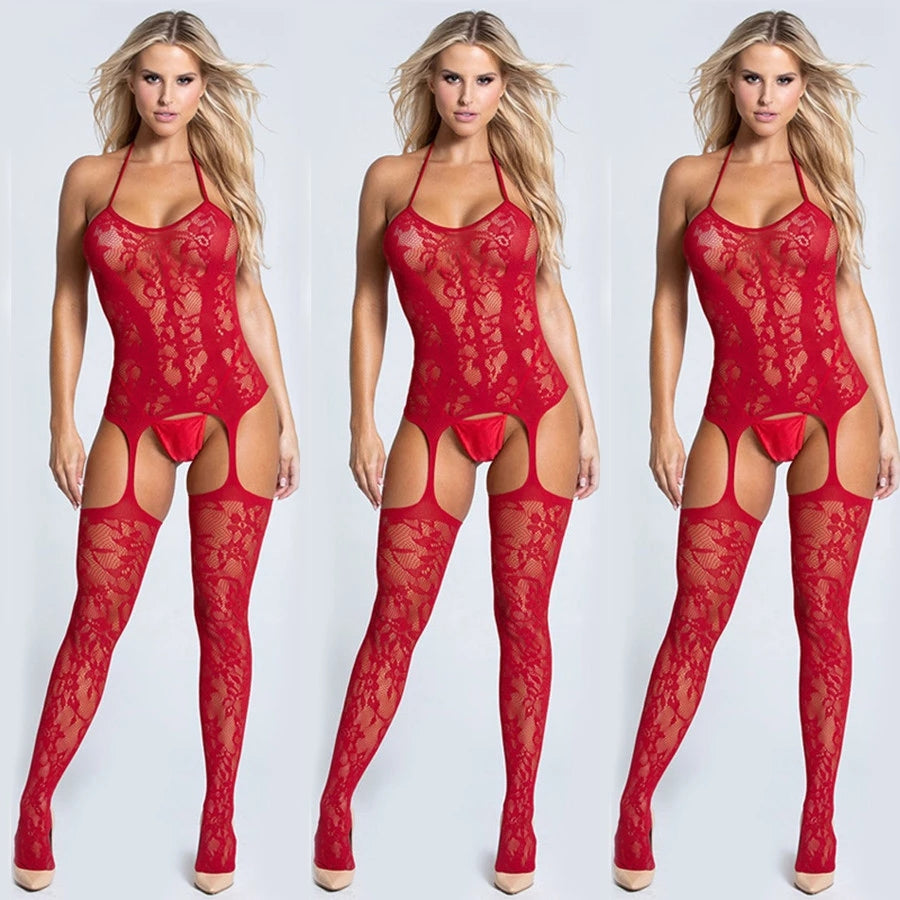 Jacquard Sexy Lingerie Temptation Ladies Transparent Hollow Vest-Style One-Piece Fishnet Stockings Net Shirt