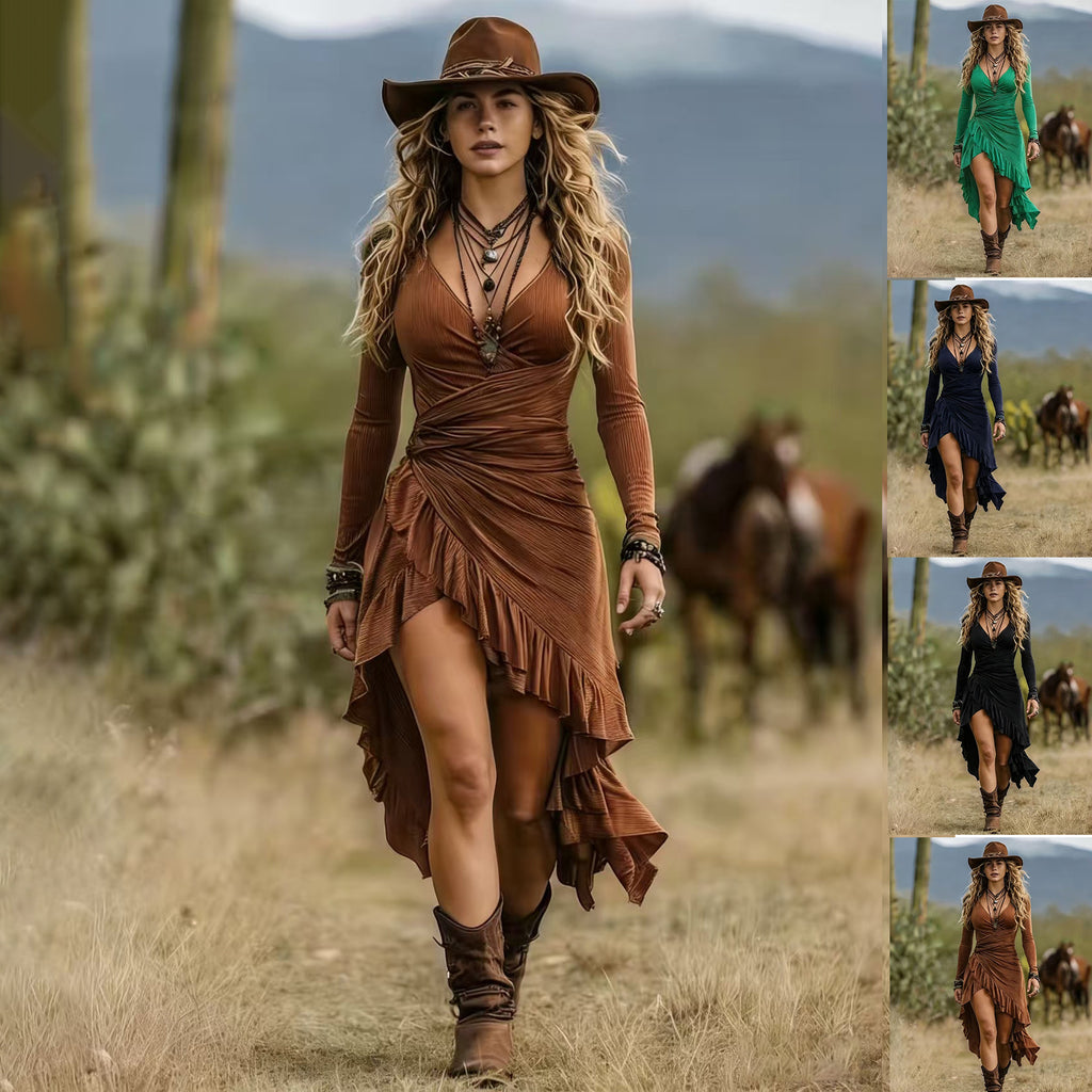 Mid-length Bohemian Ruffled Dress With Pleated