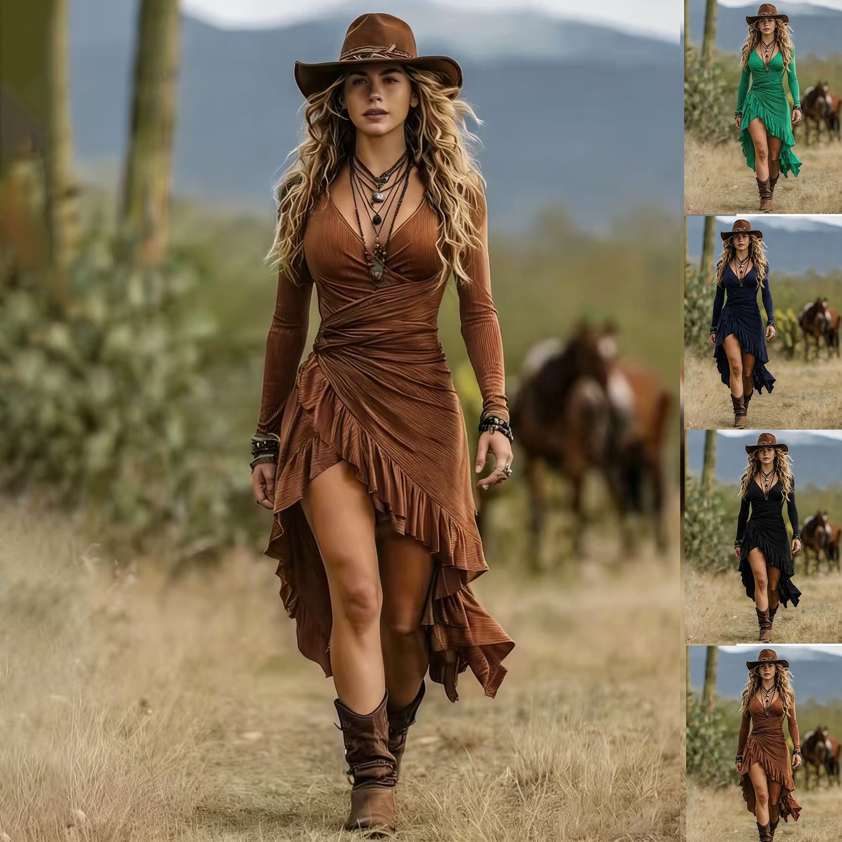 Mid-length Bohemian Ruffled Dress With Pleated