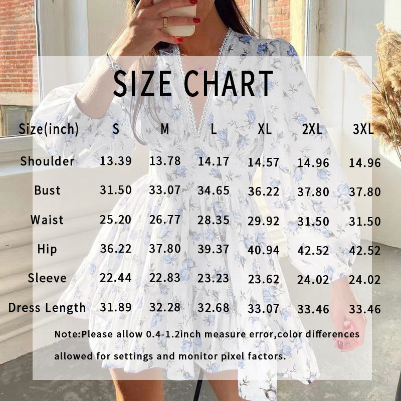 Women's Floral Puff Sleeve Mini Dress - V-Neck Ruffle Hem Casual Holiday Dress