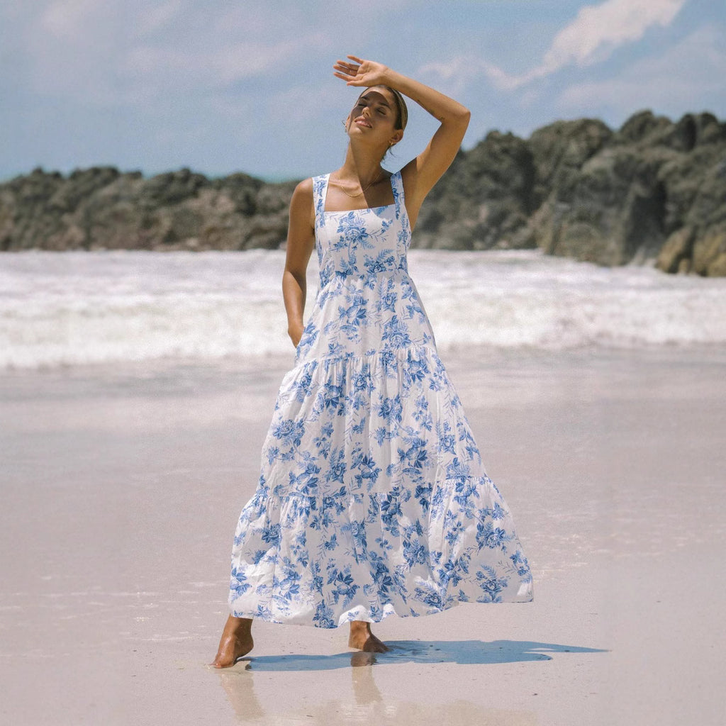 Womens Geometric Strap Bohemian Resort Maxi Dress