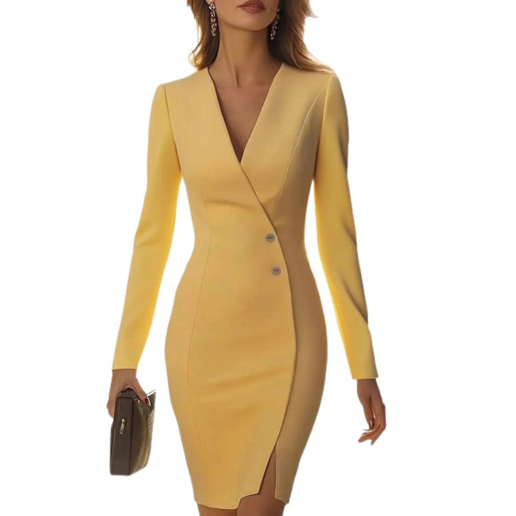 Womens Solid-Color Long-Sleeve Button-Front Slim-Fit Dress With Side Slit