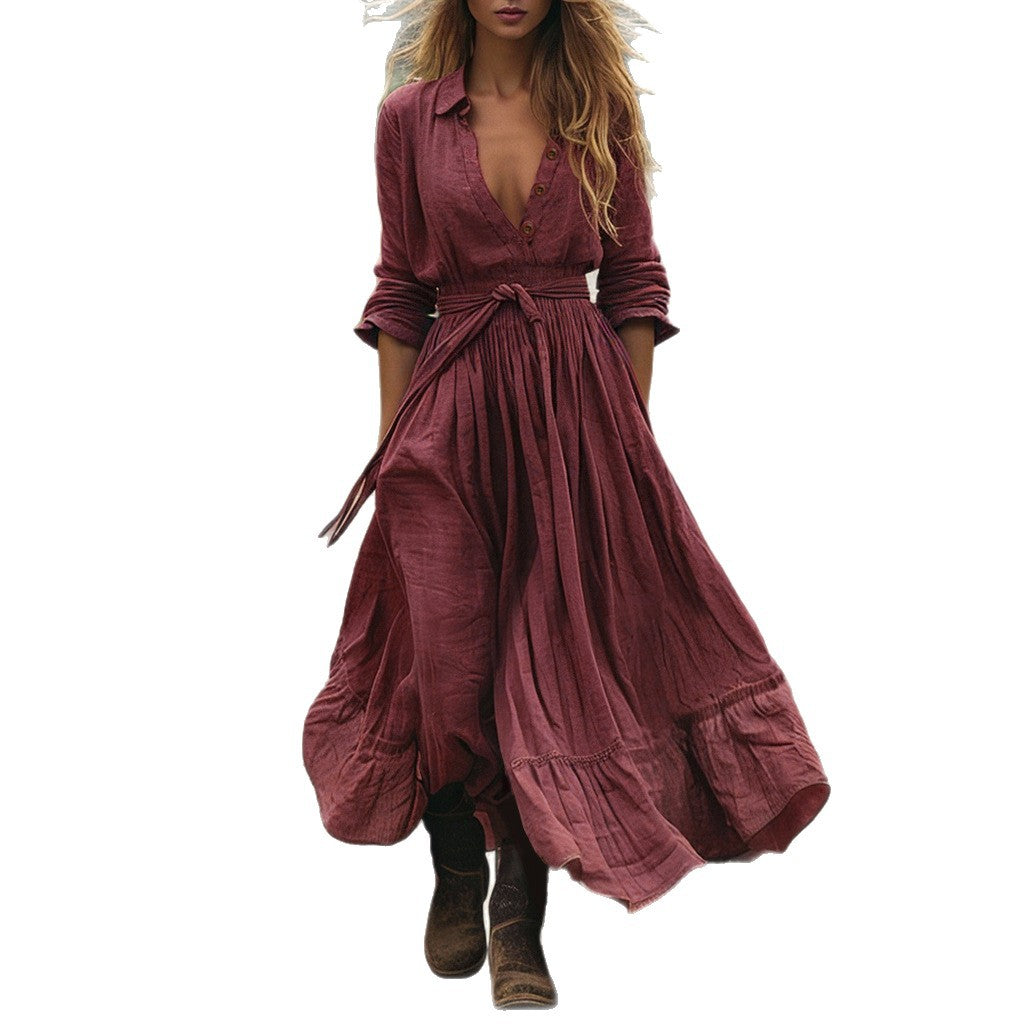 Retro Western-style Long-sleeve Casual Maxi Cotton-linen Dress