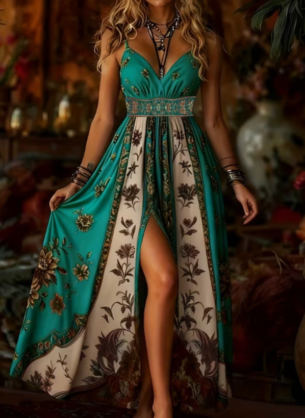 Bohemian Sling Printed Split Maxi Dress