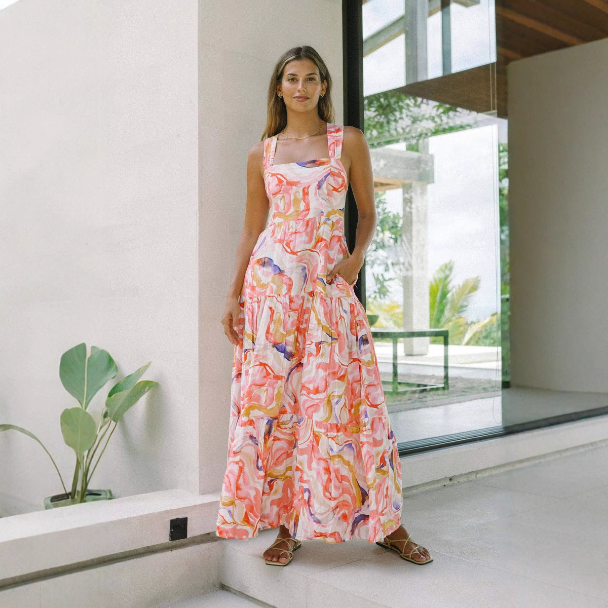 Womens Geometric Strap Bohemian Resort Maxi Dress