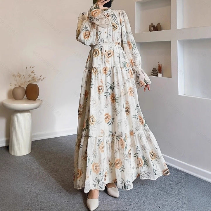 Round-neck Flared-sleeve Buttoned Dress With An Elegant Floral Design