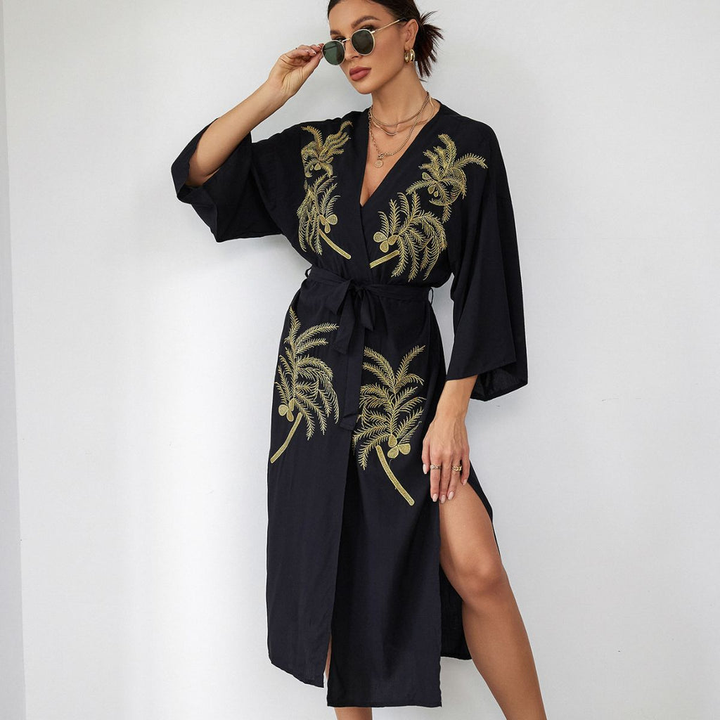 Womens Embroidered Beach Cover-Up Sun-Protective Cardigan Bikini