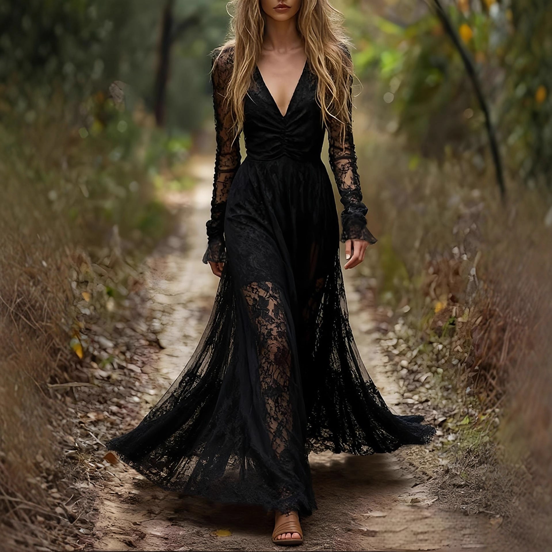 Stylish Long-sleeve V-neck Patchwork Maxi Dress