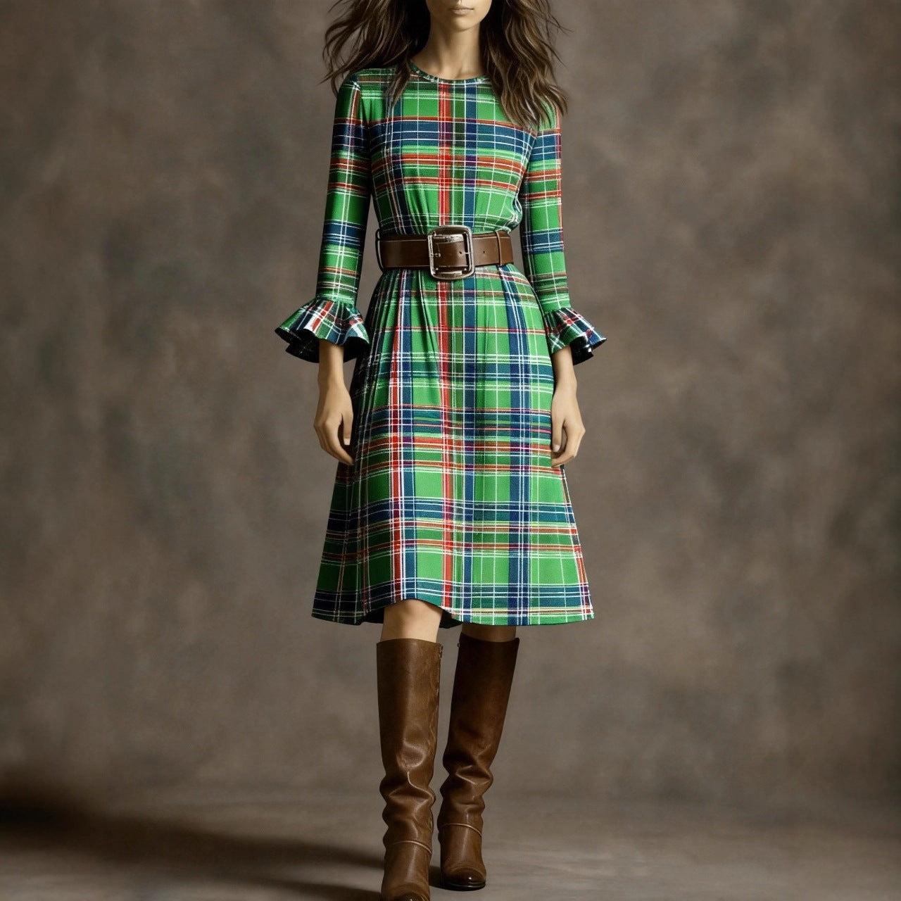 Retro Plaid Slimming Dress With Flared Sleeves For Women