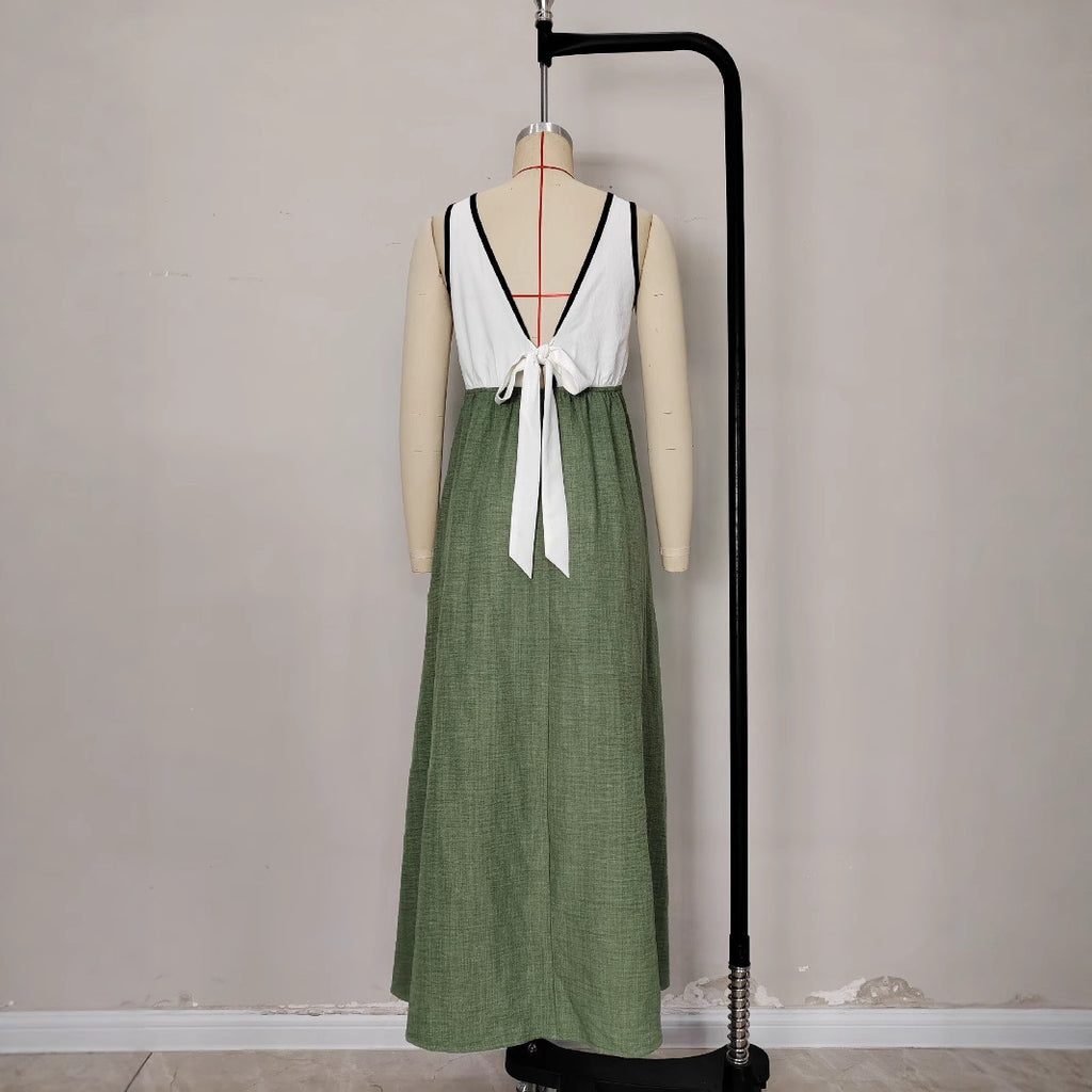 Elegant V-neck Contrast-Color Strap Dress