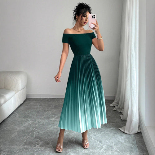 Elegant Off-shoulder Pleated Gradient-color Bodycon Dress For Women