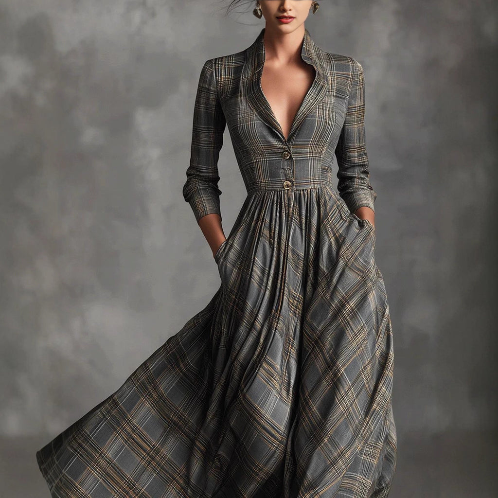 Retro V-neck Gray Plaid Linen Flared Maxi Skirt