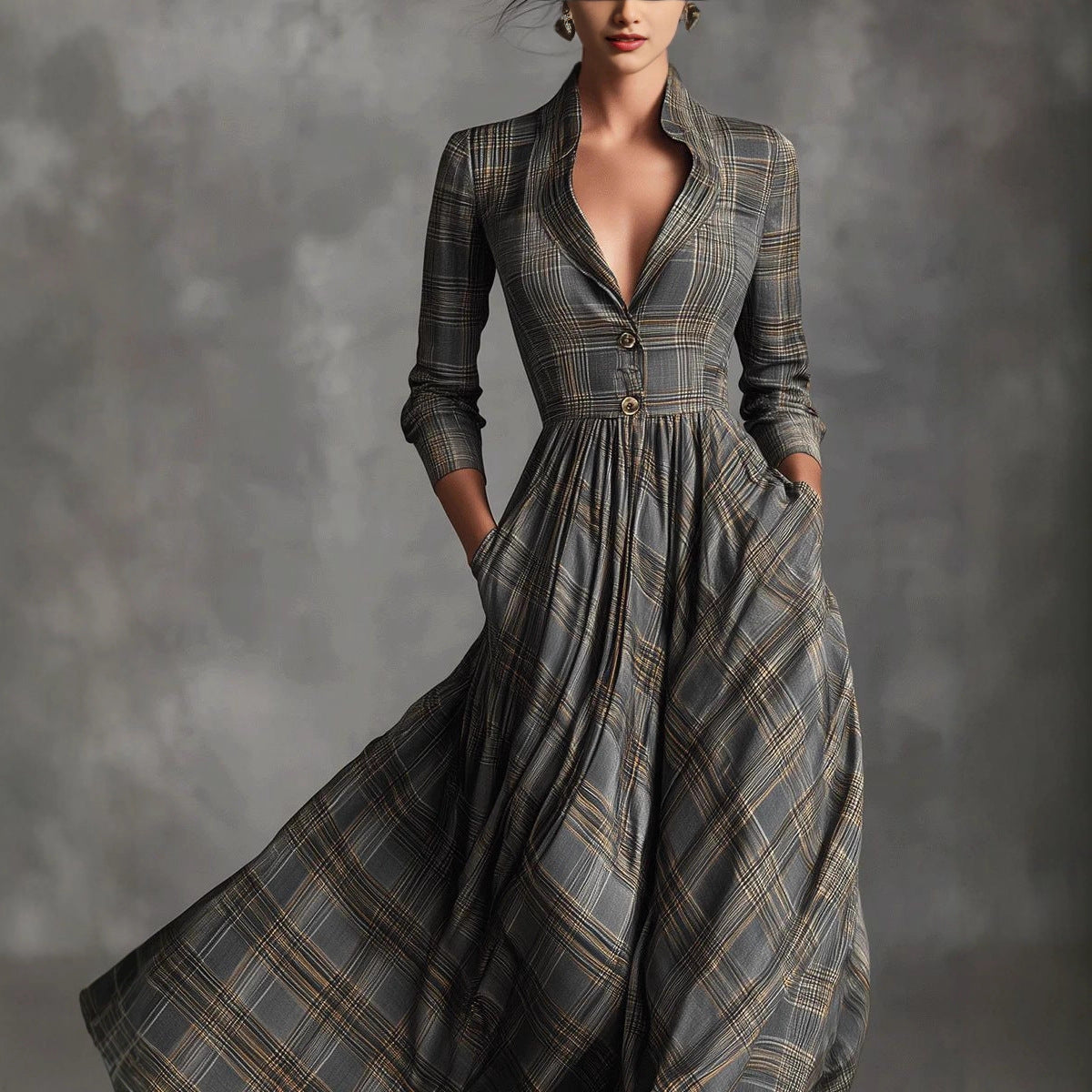Retro V-neck Gray Plaid Linen Flared Maxi Skirt