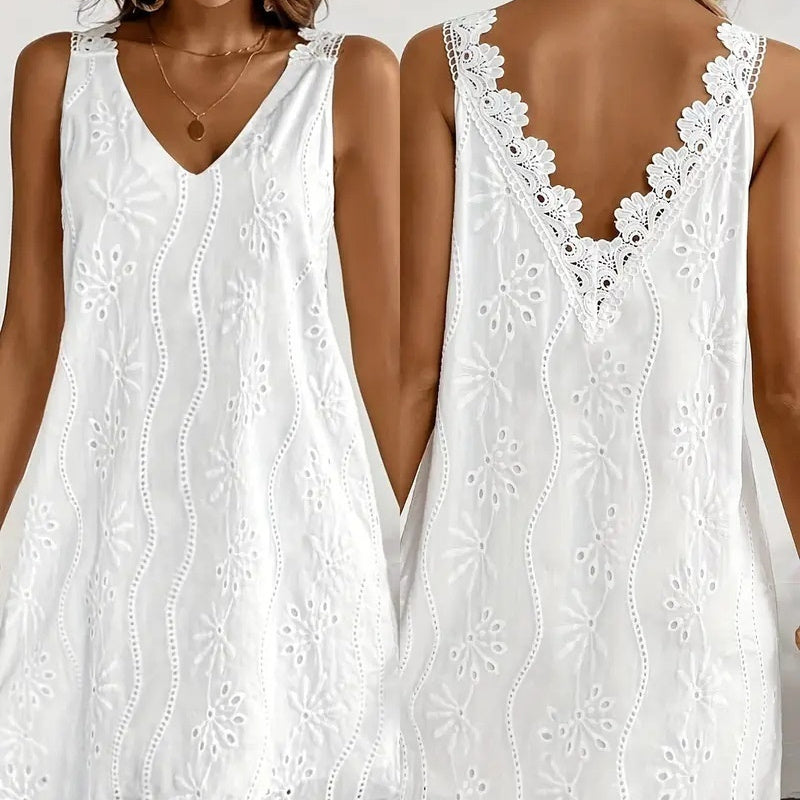 Solid-color V-neck Lace Sleeveless A-line Dress