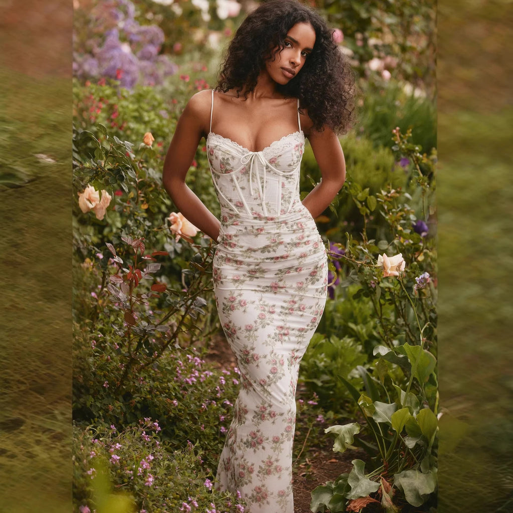 Summer Floral Print Slim-fit Lace Dress