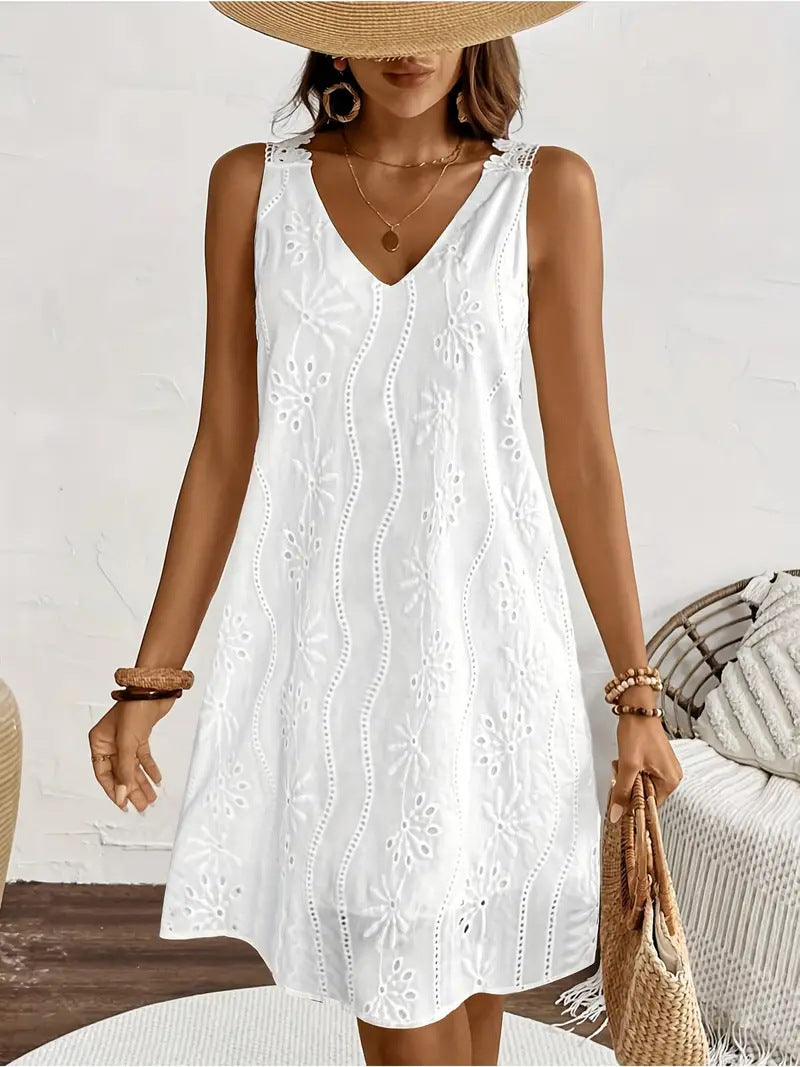 Solid-color V-neck Lace Sleeveless A-line Dress