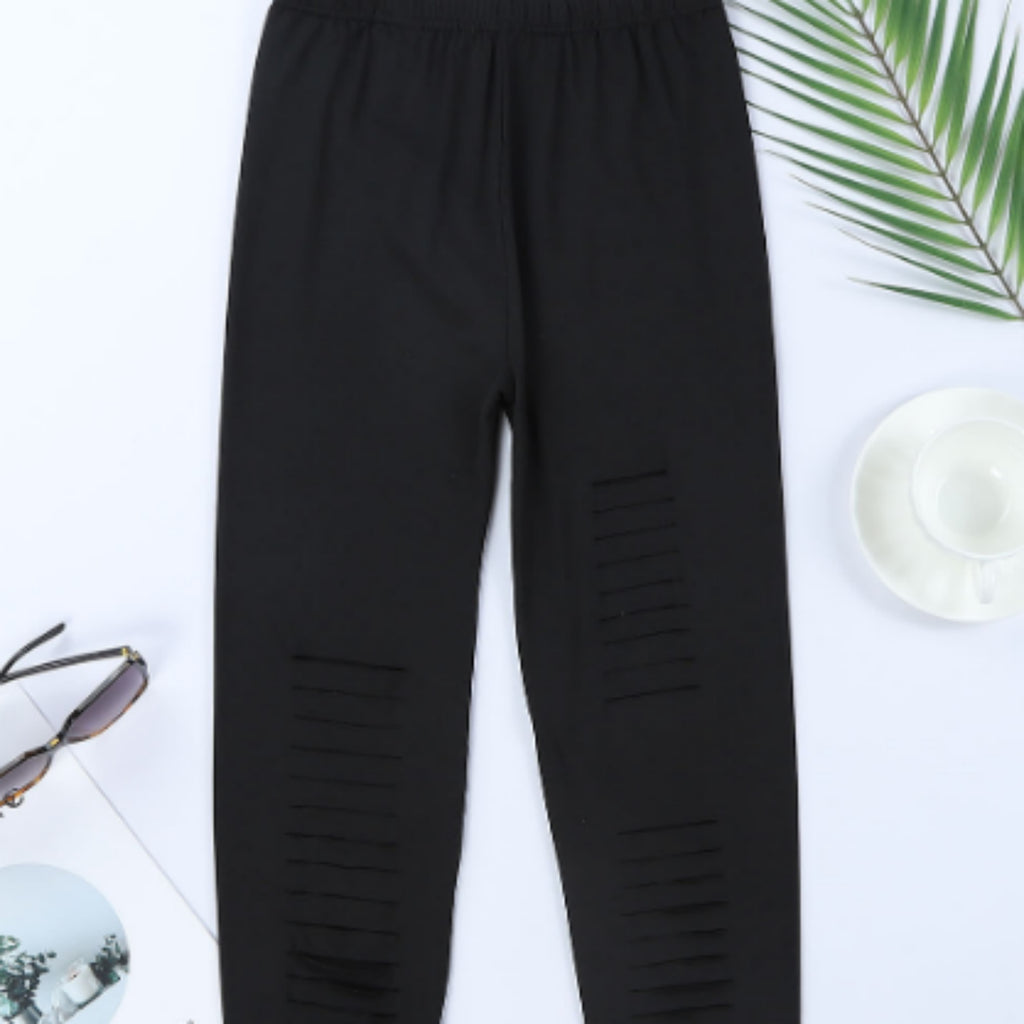 Black Solid Color High Waist Ripped Leggings