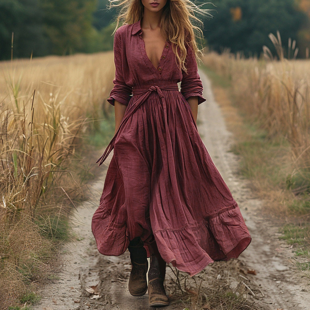 Retro Western-style Long-sleeve Casual Maxi Cotton-linen Dress
