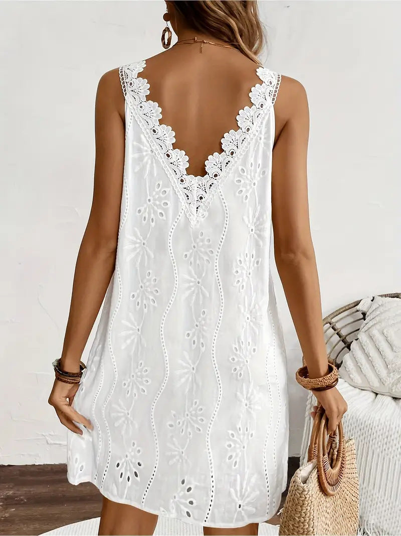 Solid-color V-neck Lace Sleeveless A-line Dress