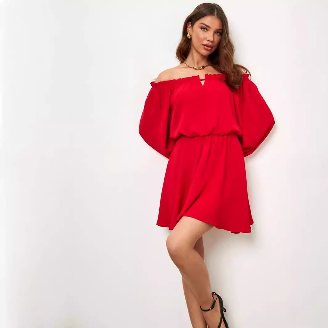 Womens Fashion Casual Solid-Color Off-the-Shoulder Dress