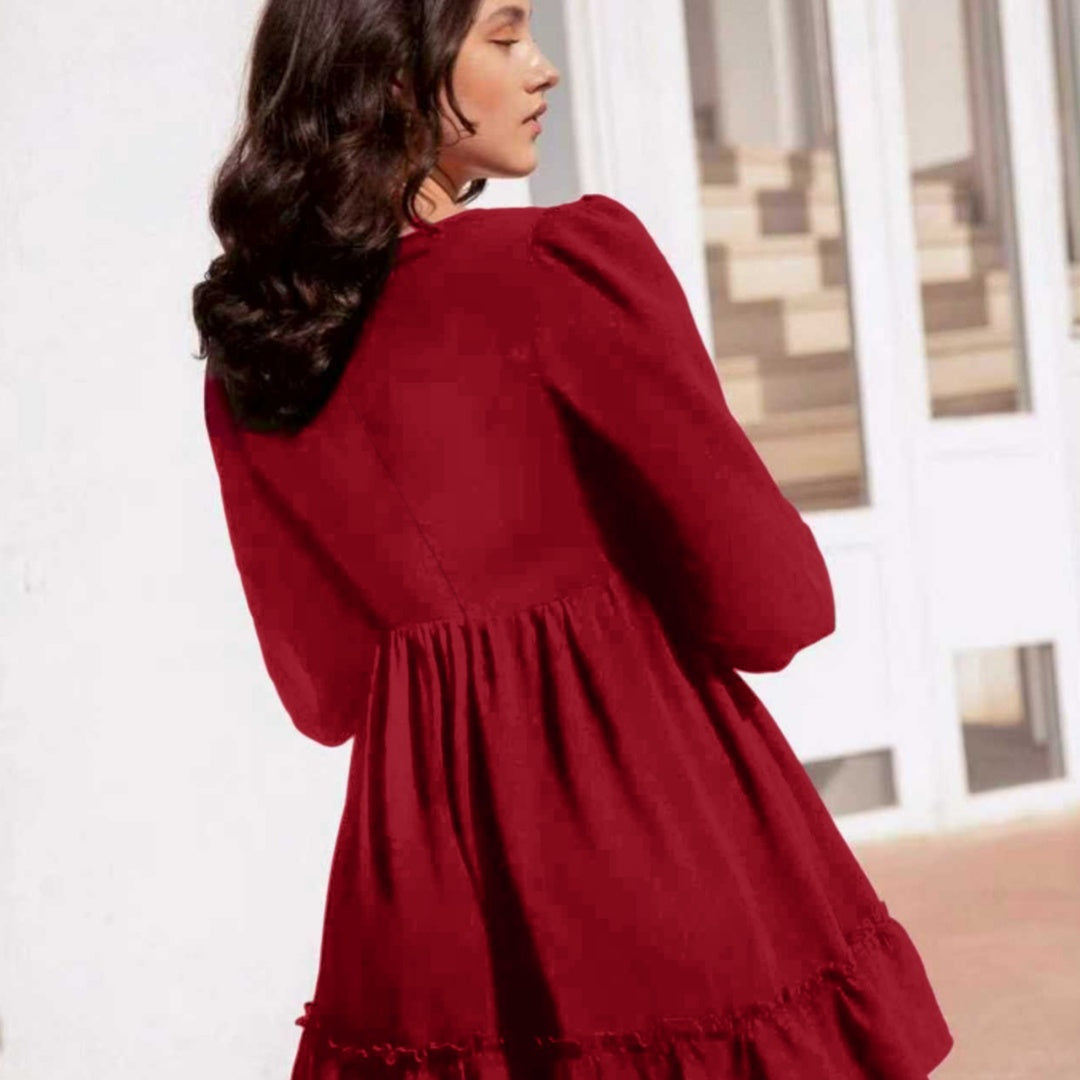 Womens Retro Wine-Red V-Neck Dress With Puff Sleeves