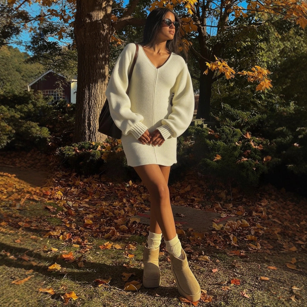 Long Sleeved Peach Neckline Bodycon Knit Dress