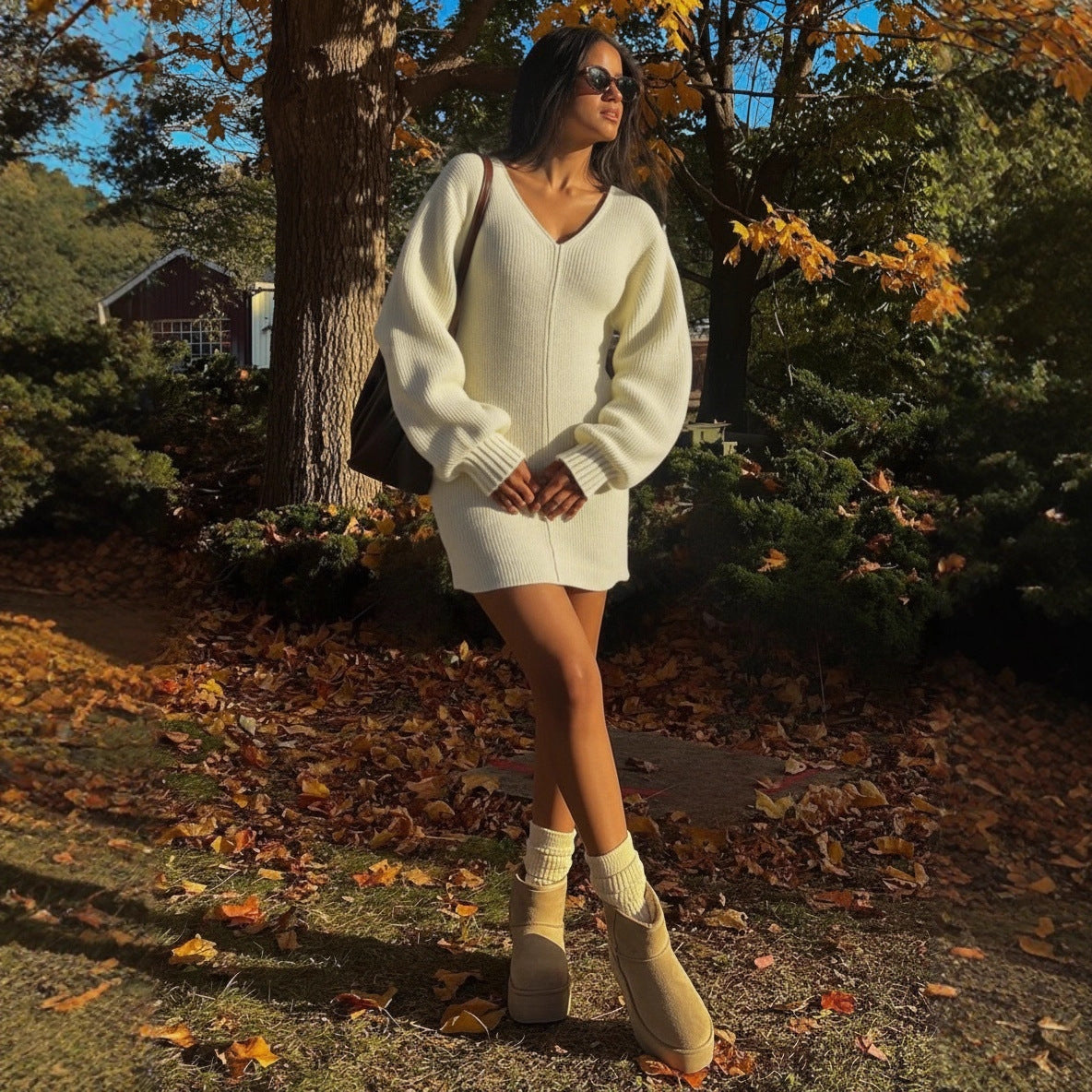 Long Sleeved Peach Neckline Bodycon Knit Dress