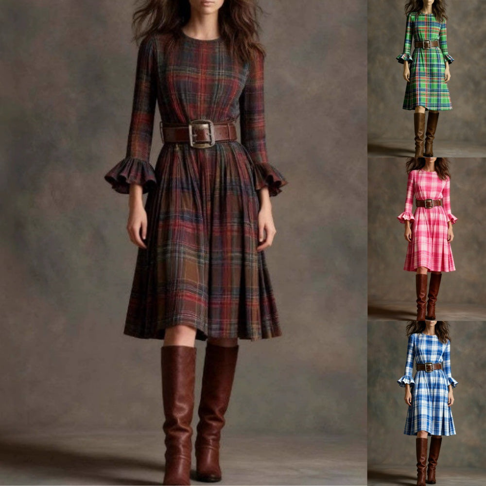Retro Plaid Slimming Dress With Flared Sleeves For Women