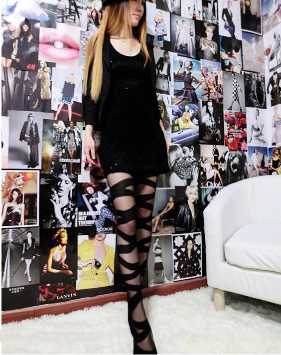 Striped Personality Cross Strap Fashion Pantyhose
