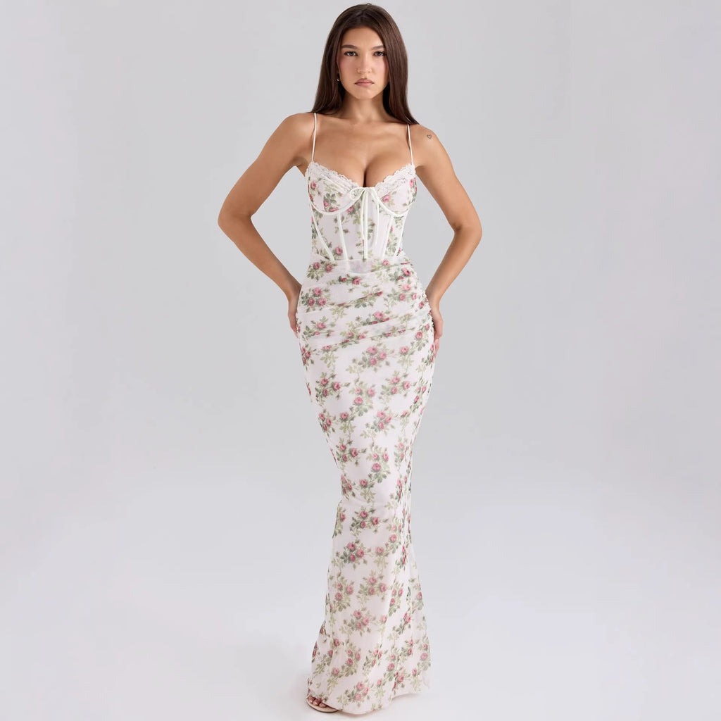 Summer Floral Print Slim-fit Lace Dress