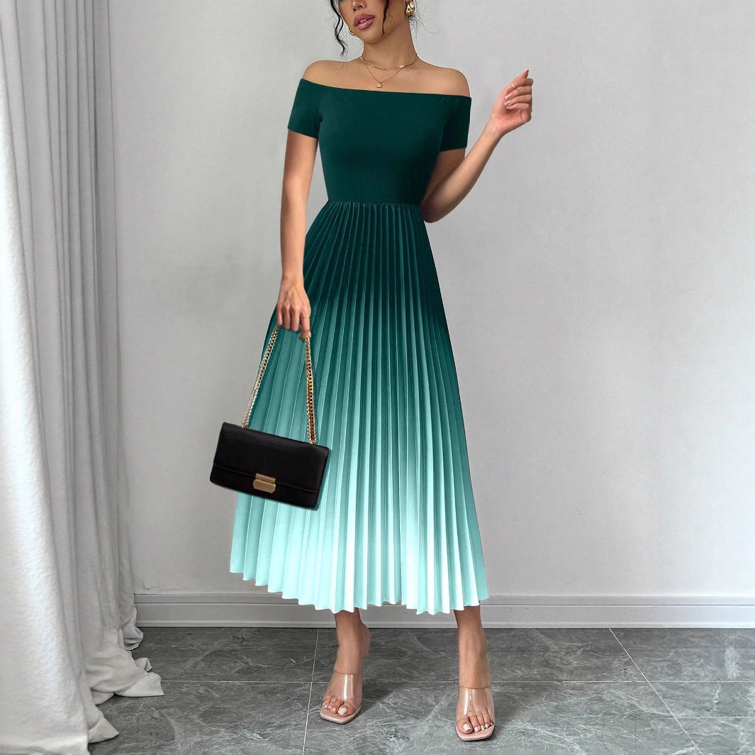 Elegant Off-shoulder Pleated Gradient-color Bodycon Dress For Women