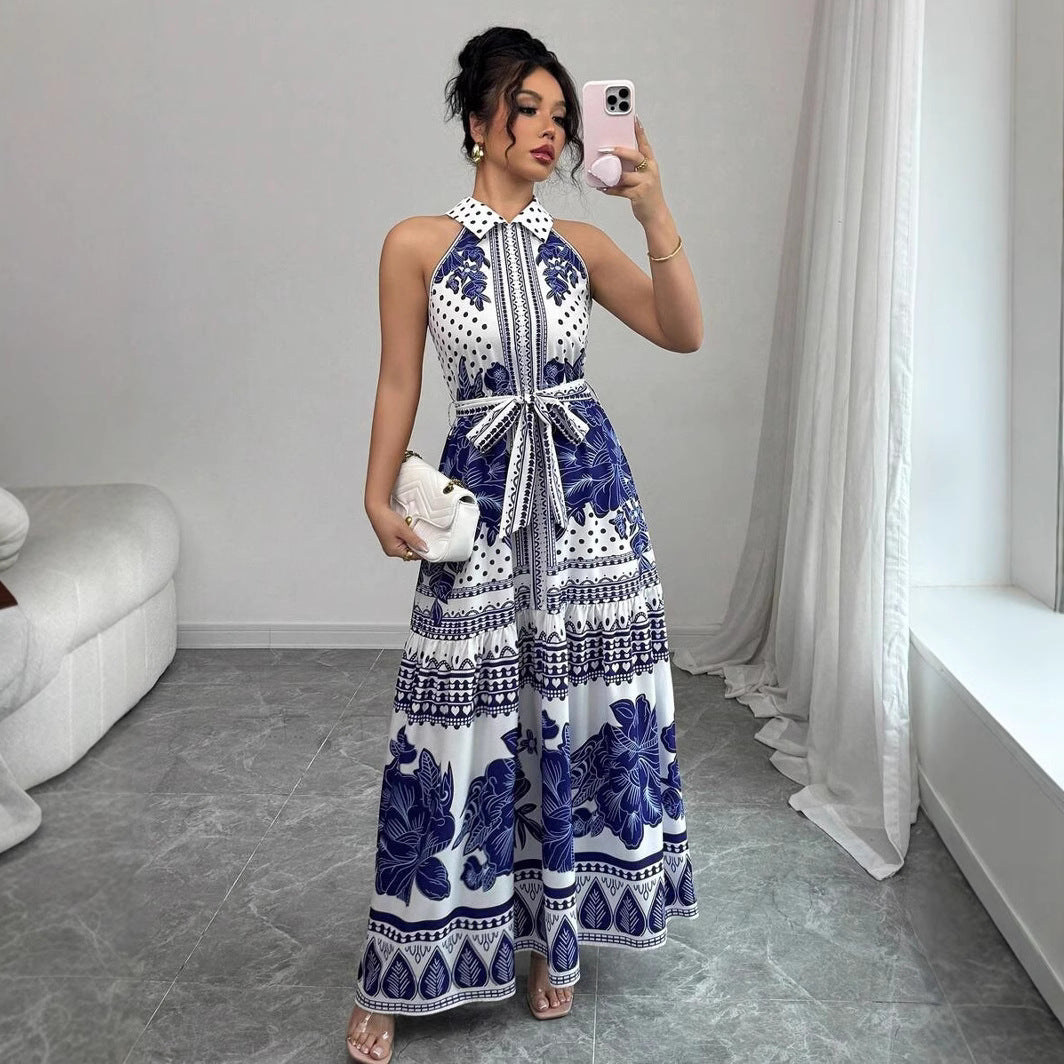 Off-the-shoulder A-line Dress Featuring A Classic Blue-and-white Porcelain Print For An Elegant Look