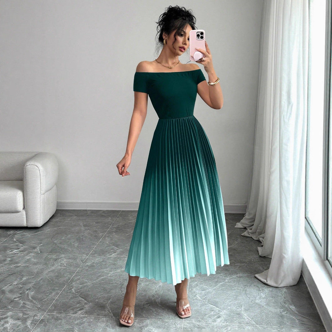 Elegant Off-shoulder Pleated Gradient-color Bodycon Dress For Women