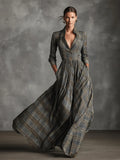 Retro V-neck Gray Plaid Linen Flared Maxi Skirt