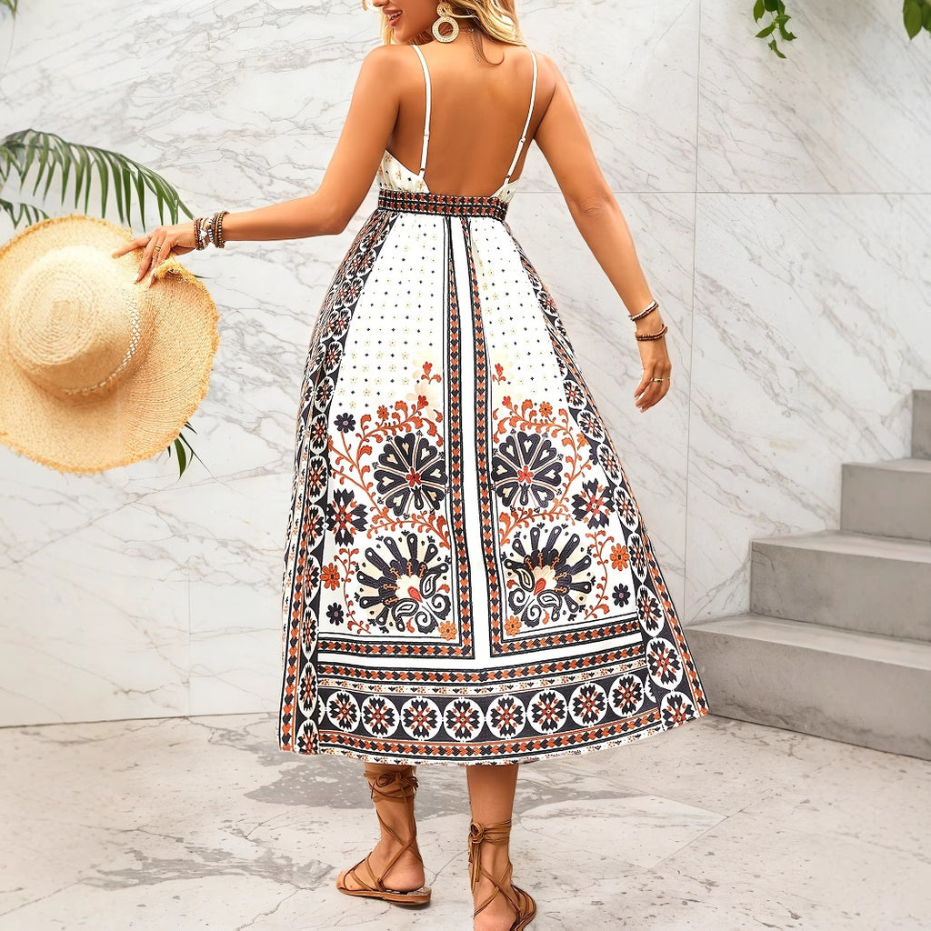 Backless Bohemian Ethnic-Style Slip Dress