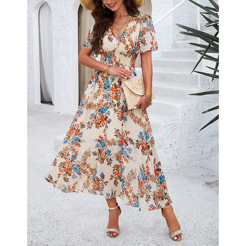 Women's Floral Puff Sleeve Midi Dress - Boho V-Neck Smocked Dress