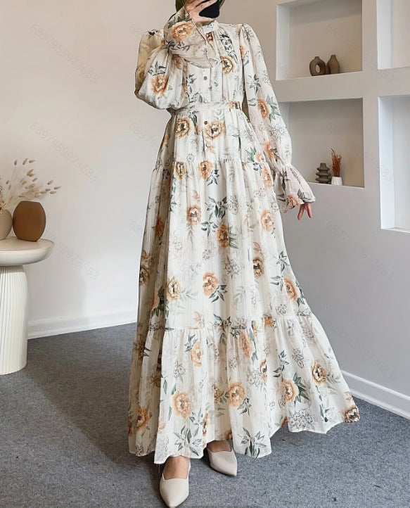 Round-neck Flared-sleeve Buttoned Dress With An Elegant Floral Design