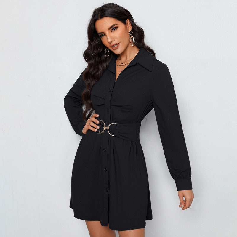 Womens Solid-Color Commuter-Style Shirt Single-Breasted Long-Sleeve Dress