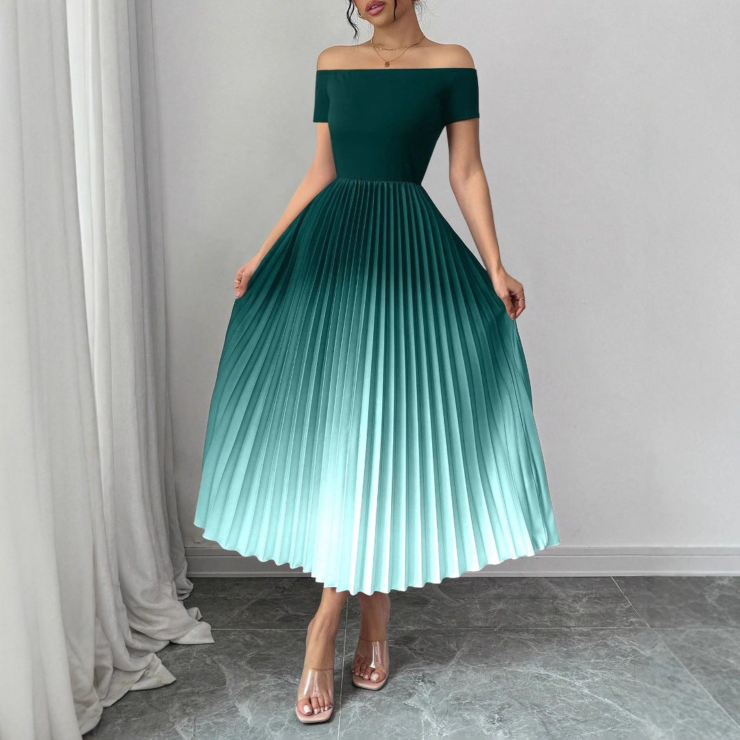 Elegant Off-shoulder Pleated Gradient-color Bodycon Dress For Women