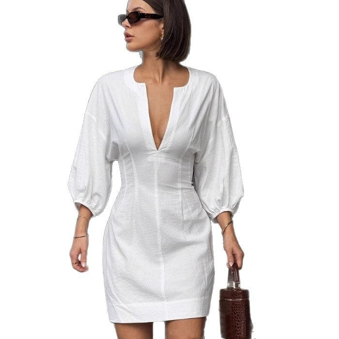 Deep V-neck Three-quarter-length Sleeves And A Fitted Waist Dress
