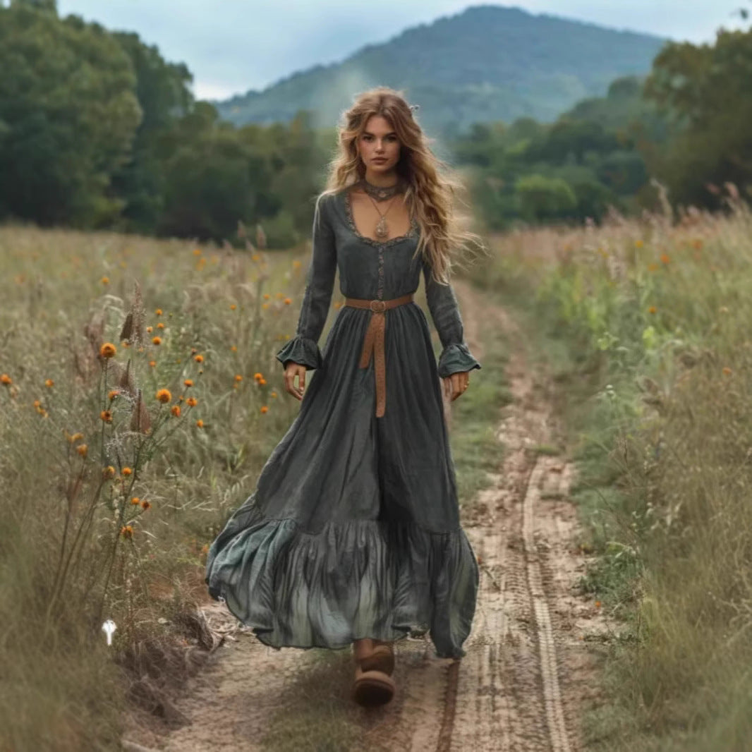 Retro Bohemian Country-Style Backless Waist-Cinching Dress