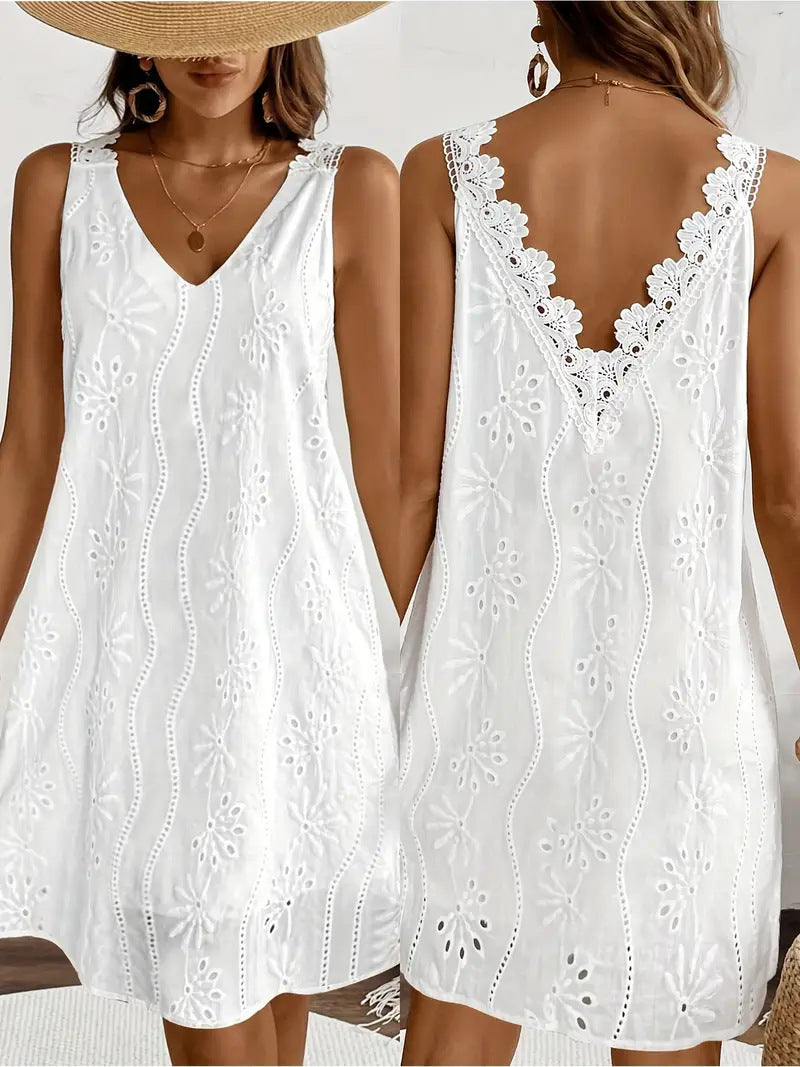 Solid-color V-neck Lace Sleeveless A-line Dress