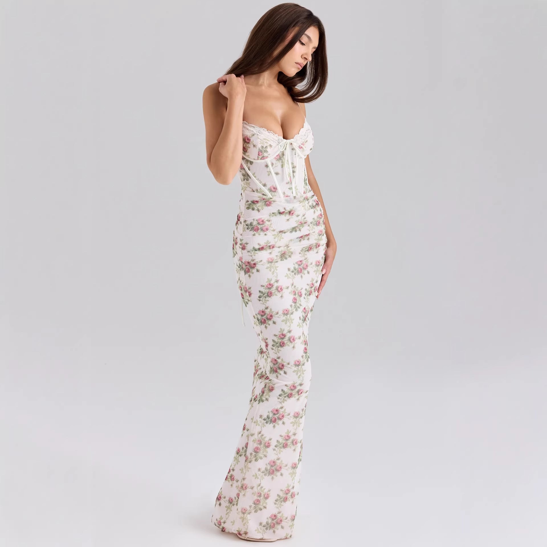 Summer Floral Print Slim-fit Lace Dress